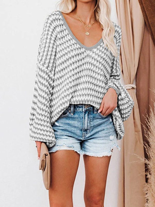 Striped Drop Shoulder V-Neck Sweater Sale