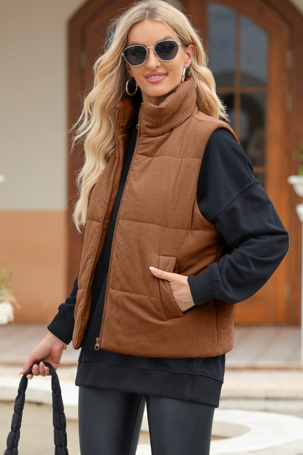 Pocketed Zip Up Turtleneck Vest Coat Discount