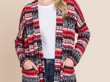 BOMBOM Geometric Open Front Long Sleeve Cardigan with Pockets on Sale